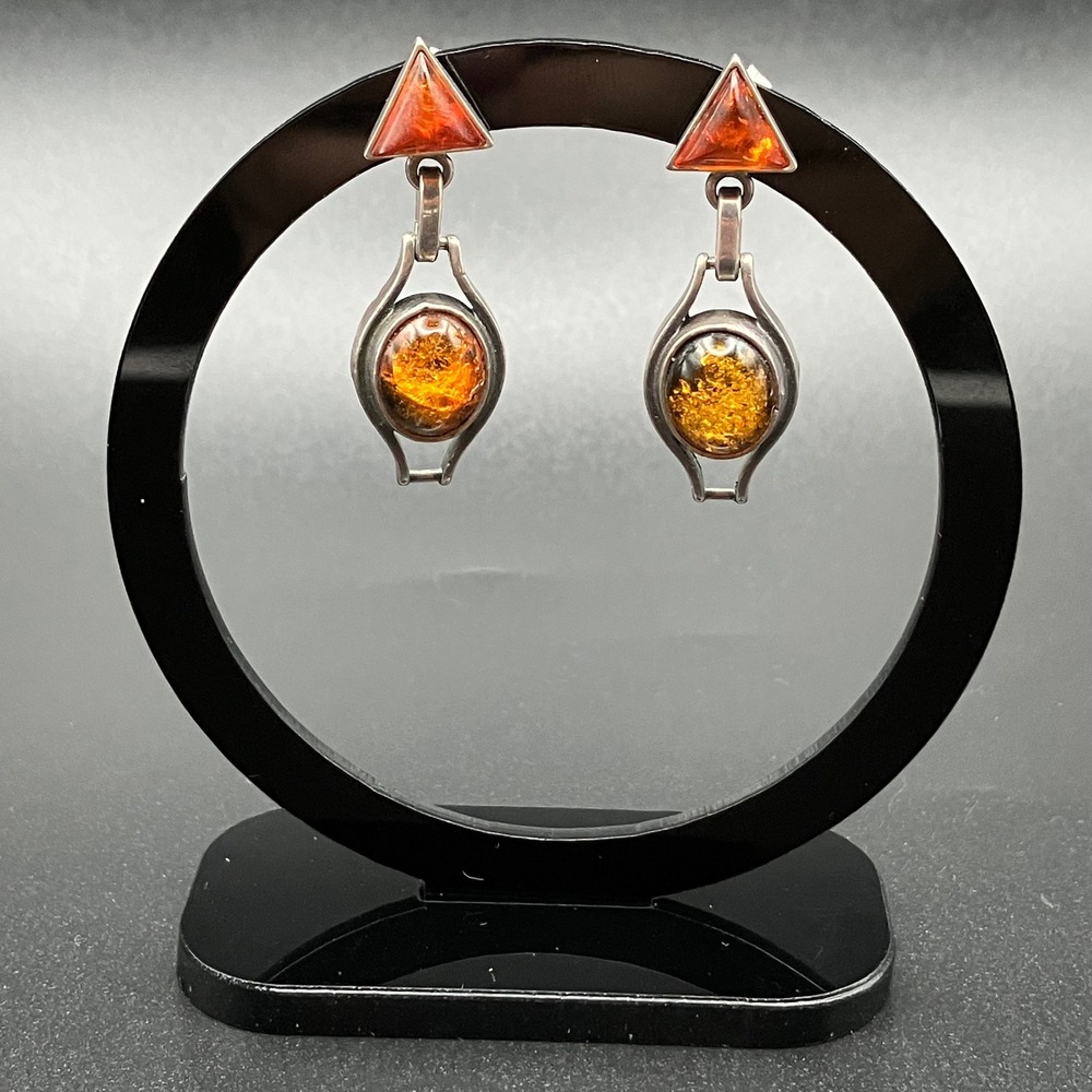 Sterling Silver Two Tone Amber Dangle Earrings Geometric - Picture 4 of 6